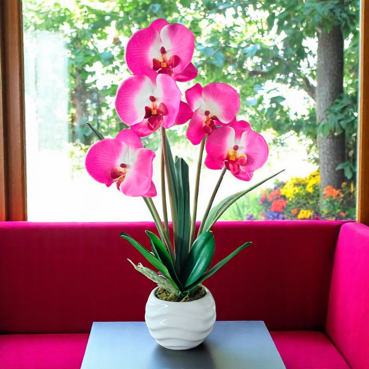 Arreglo Floral de Orquídeas Artificiales Satinadas Magenta