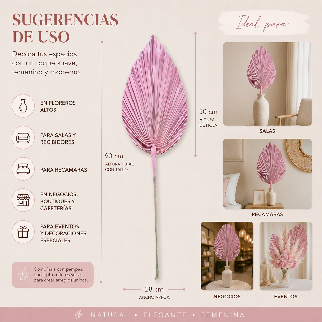 Palma Seca Boho XL Rosa 90 cm 320013RO