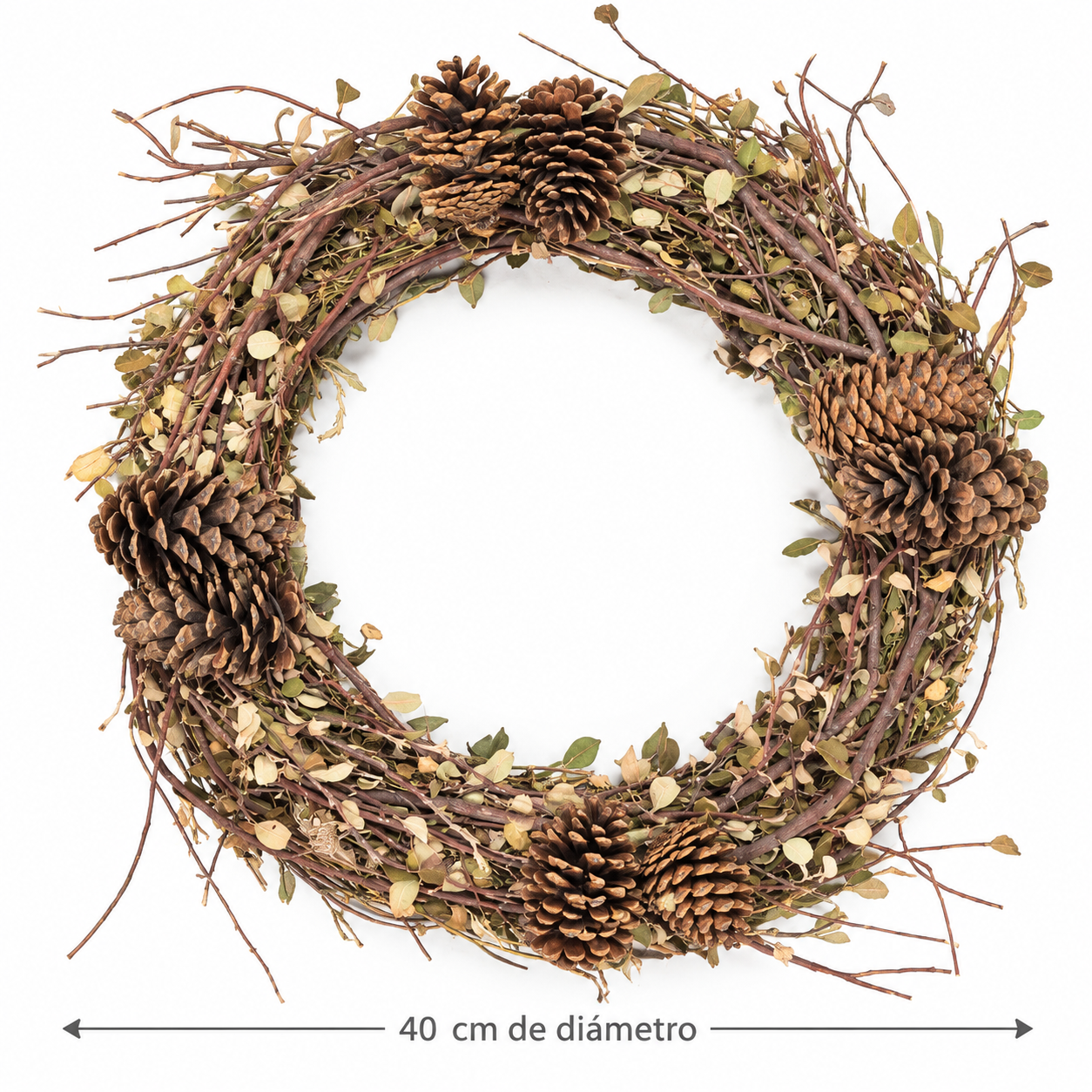 Corona de piñas naturales y follaje seco de 40 cm 310405
