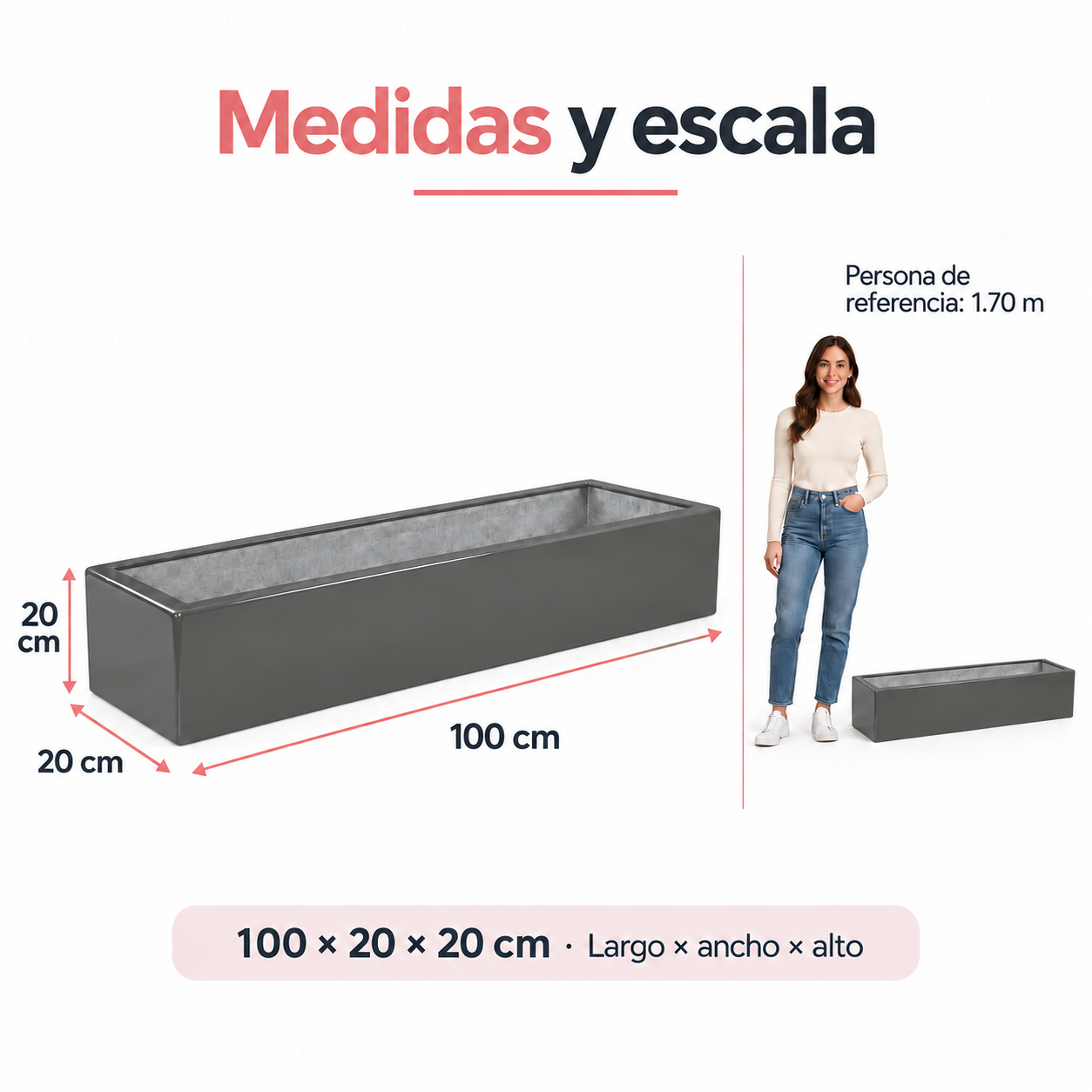 Jardinera Fibra de Vidrio 100 cm * 20 cm Gris