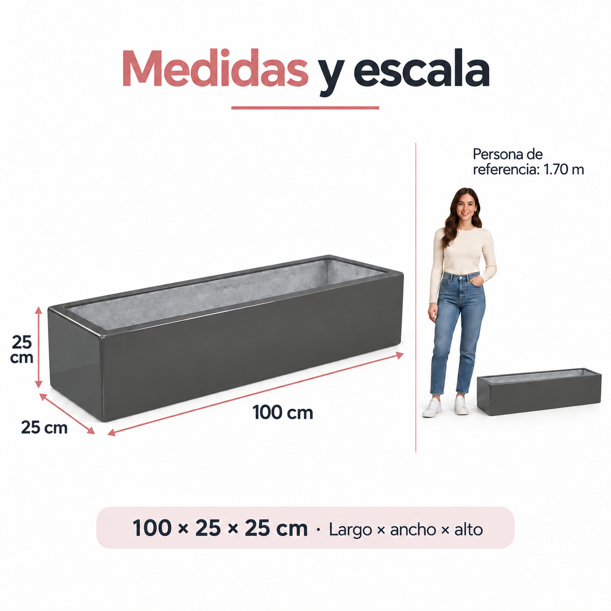 Jardinera Fibra de Vidrio 100 cm * 25 cm Gris