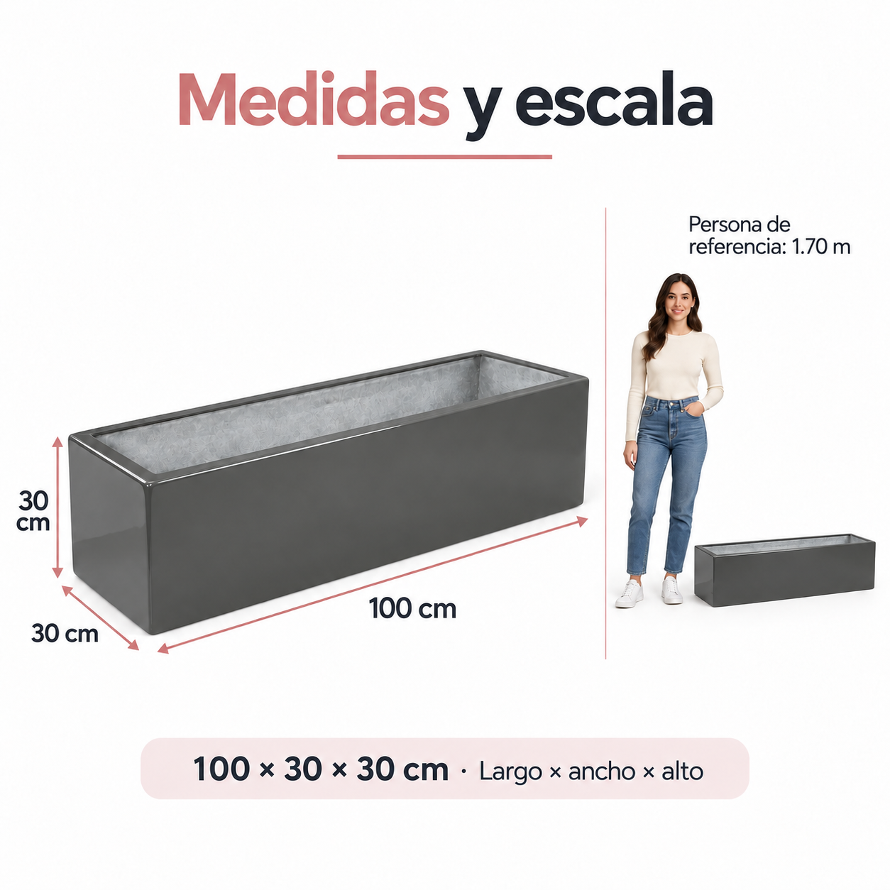Jardinera Fibra de Vidrio 100 cm * 30 cm Gris