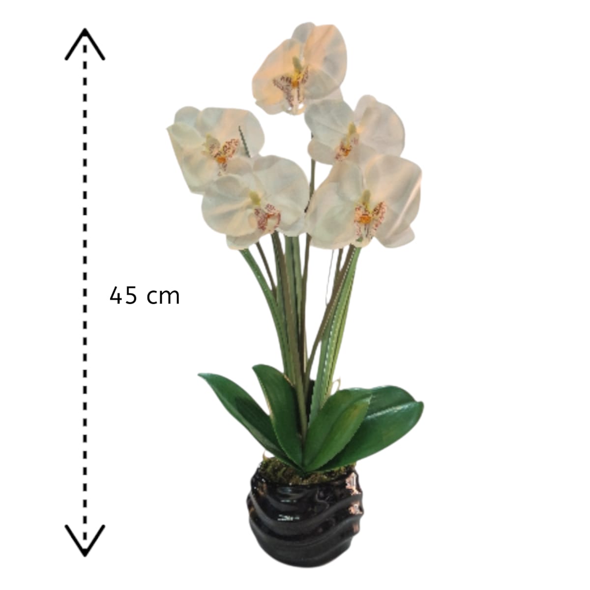 Arreglo Floral de Orquídeas Artificiales Satinadas Blanco Maceta Negra