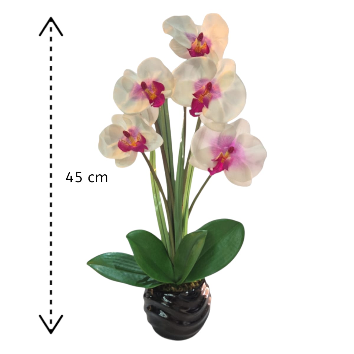 Arreglo Floral de Orquídeas Artificiales Satinadas Blanco/Lila Maceta Negro