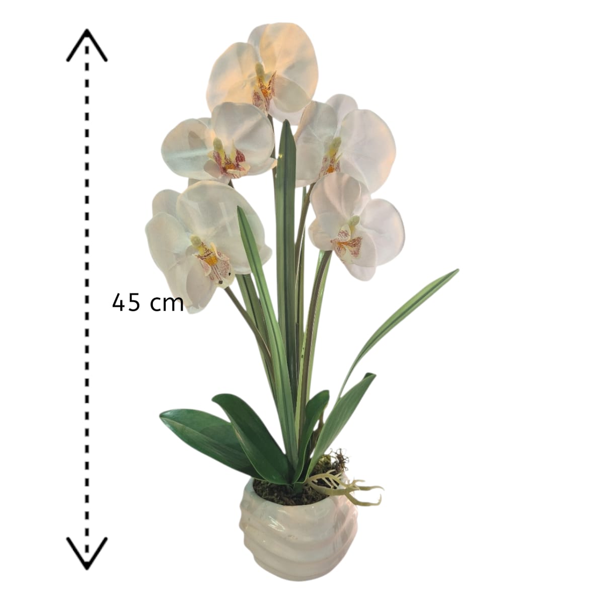 Arreglo Floral de Orquídeas Artificiales Satinadas Blanco Maceta Blanca