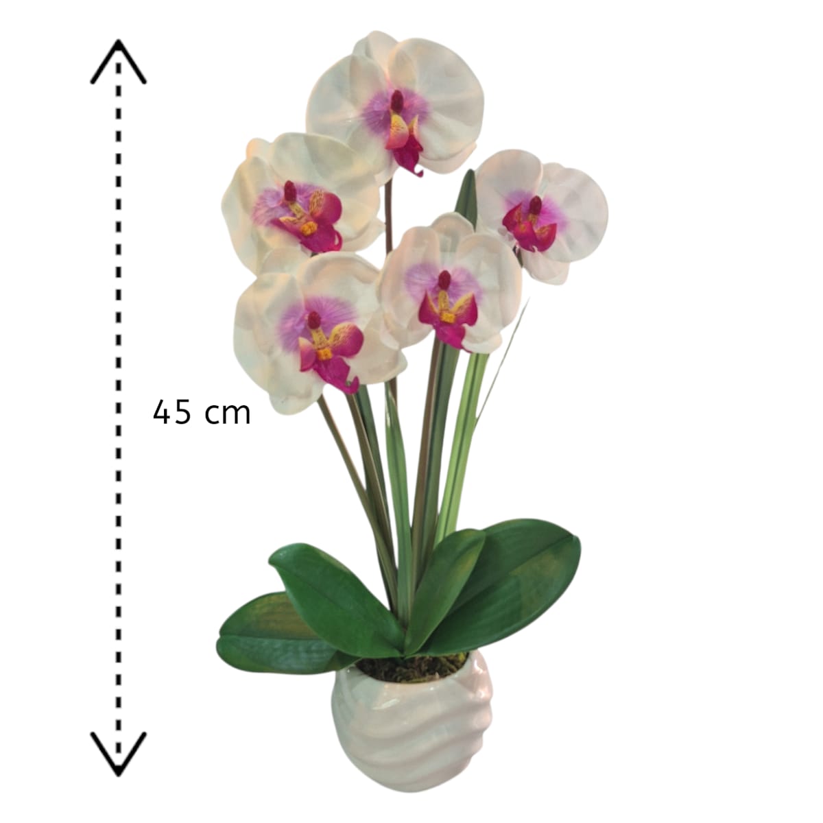 Arreglo Floral de Orquídeas Artificiales Satinadas Blanco/Lila Maceta Blanco