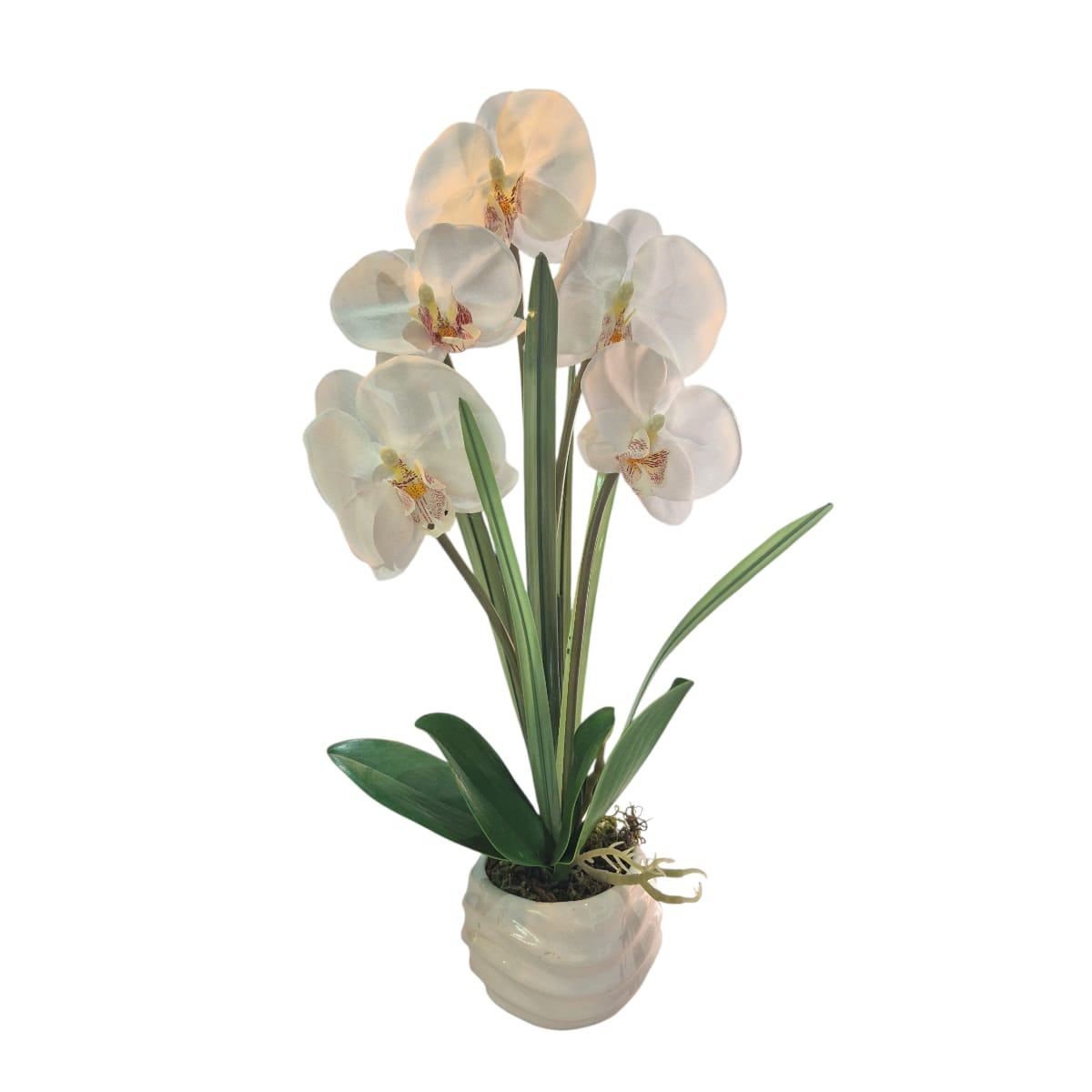 Arreglo Floral de Orquídeas Artificiales Satinadas Blanco Maceta Blanca