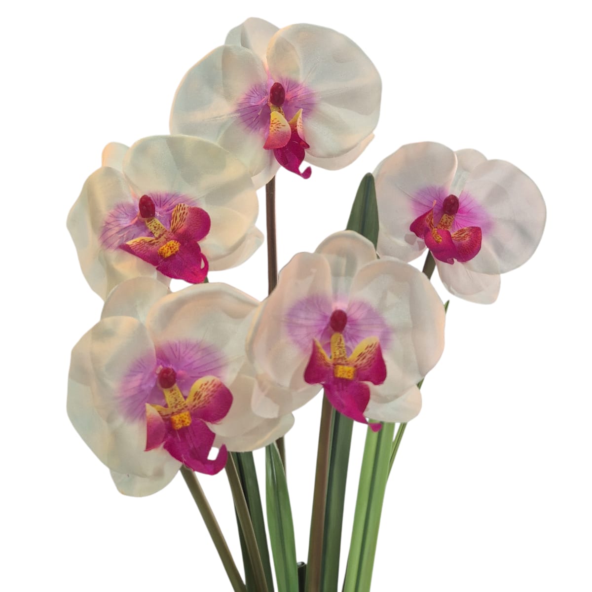 Arreglo Floral de Orquídeas Artificiales Satinadas Blanco/Lila Maceta Blanco