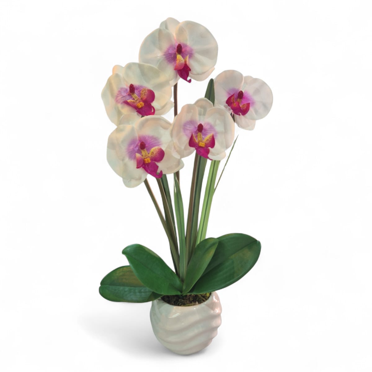 Arreglo Floral de Orquídeas Artificiales Satinadas Blanco/Lila Maceta Blanco