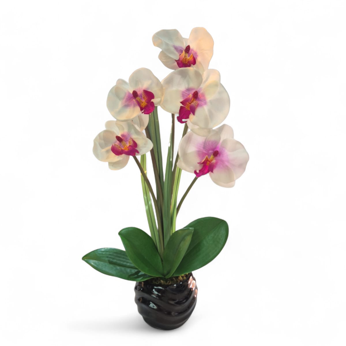 Arreglo Floral de Orquídeas Artificiales Satinadas Blanco/Lila Maceta Negro