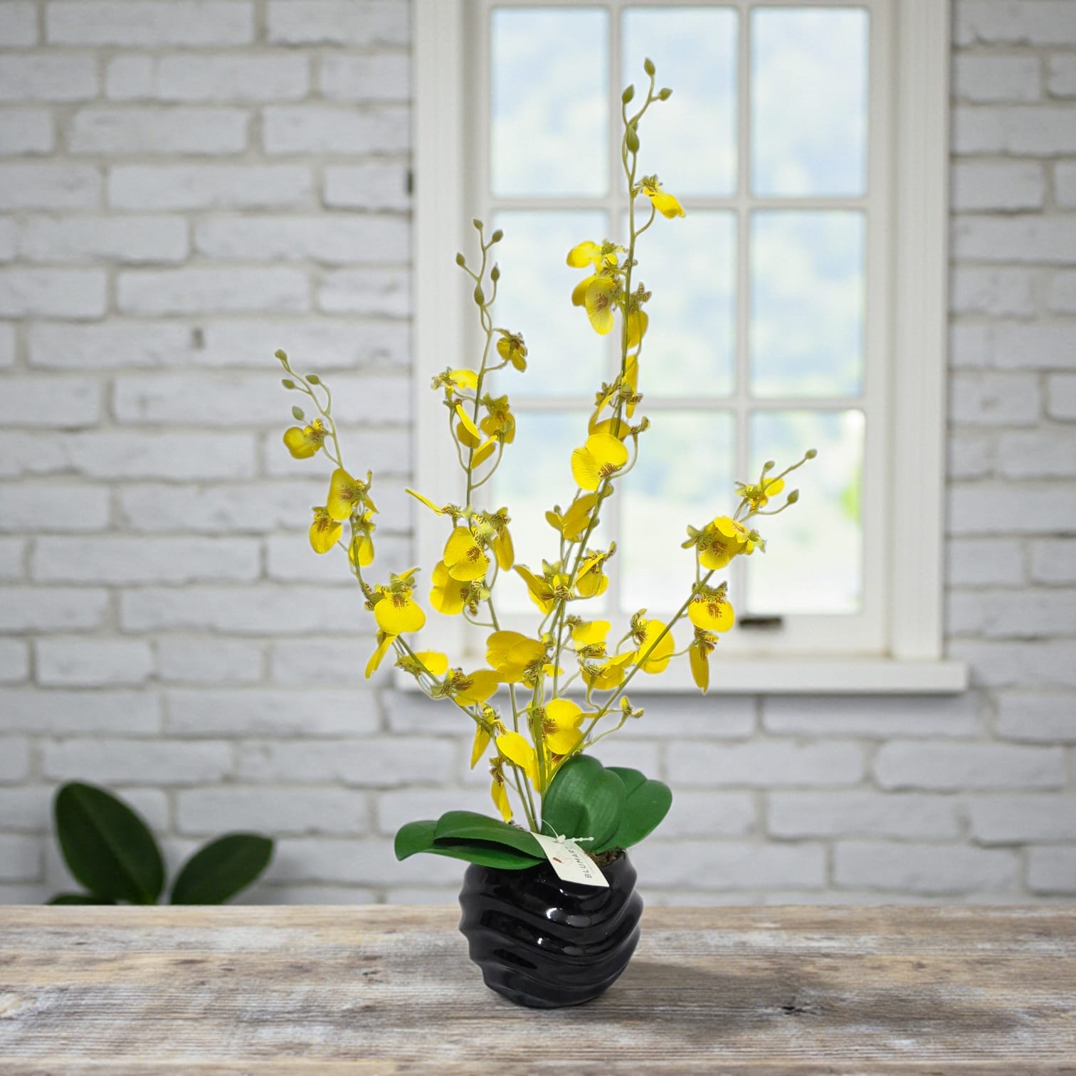 Arreglo Floral de Orquídeas Bailarina Artificiales Amarillo Maceta Negro