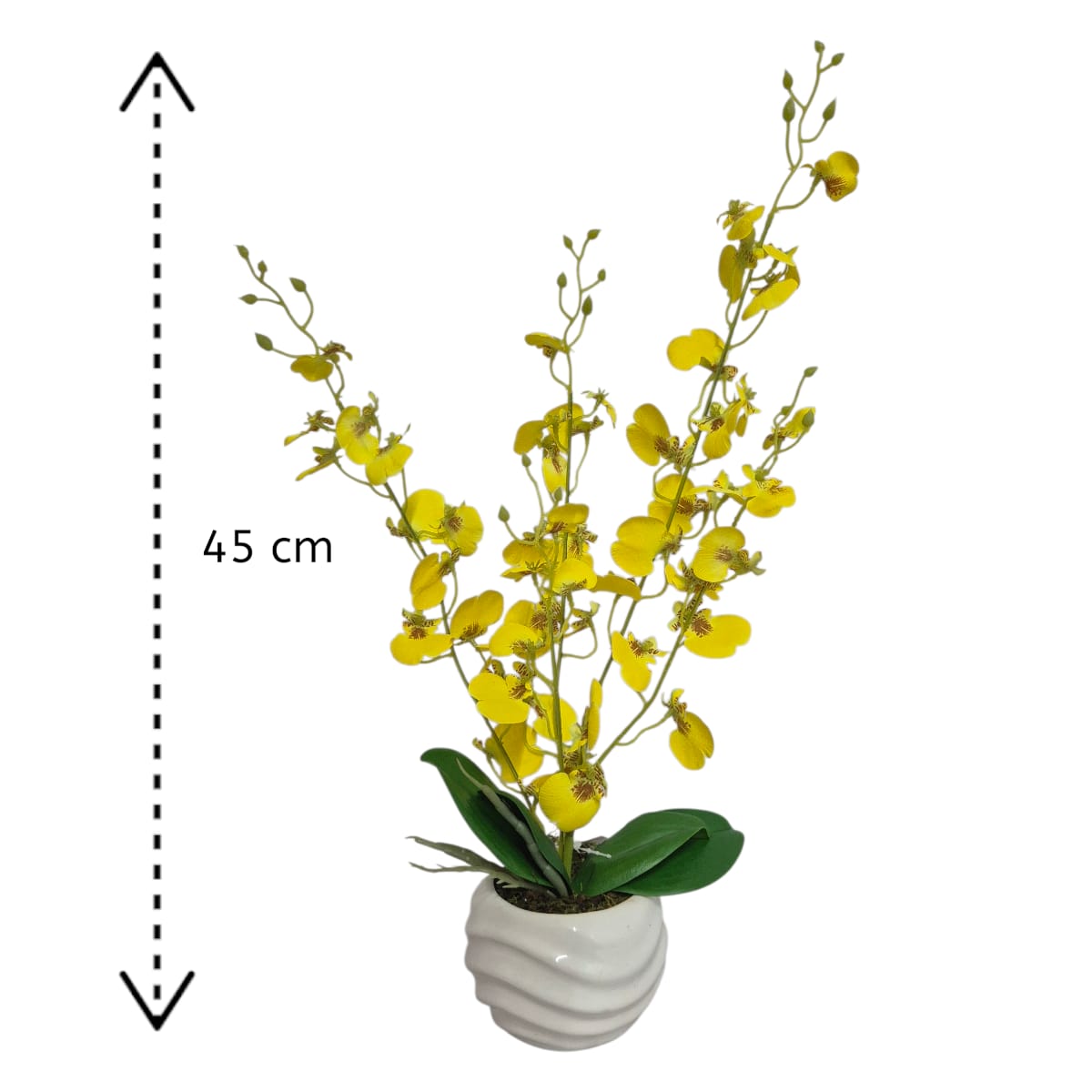 Arreglo Floral de Orquídeas Bailarina Artificiales Amarillo Maceta Blanco