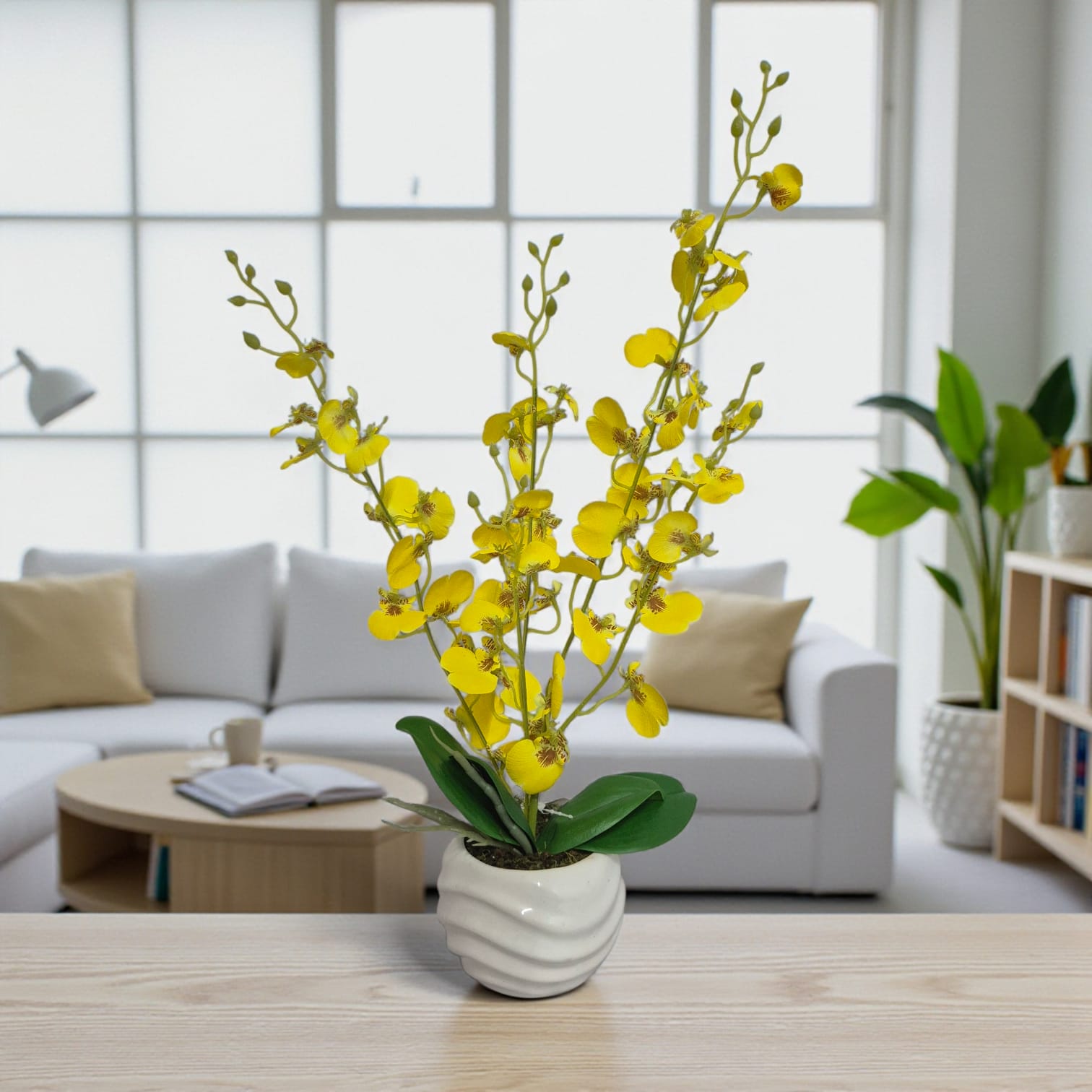 Arreglo Floral de Orquídeas Bailarina Artificiales Amarillo Maceta Blanco