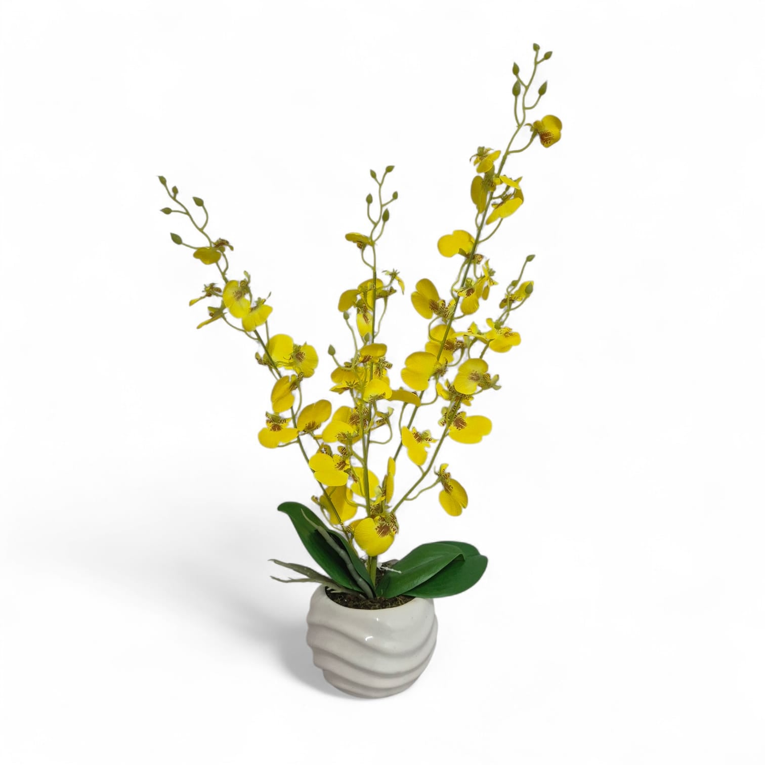 Arreglo Floral de Orquídeas Bailarina Artificiales Amarillo Maceta Blanco