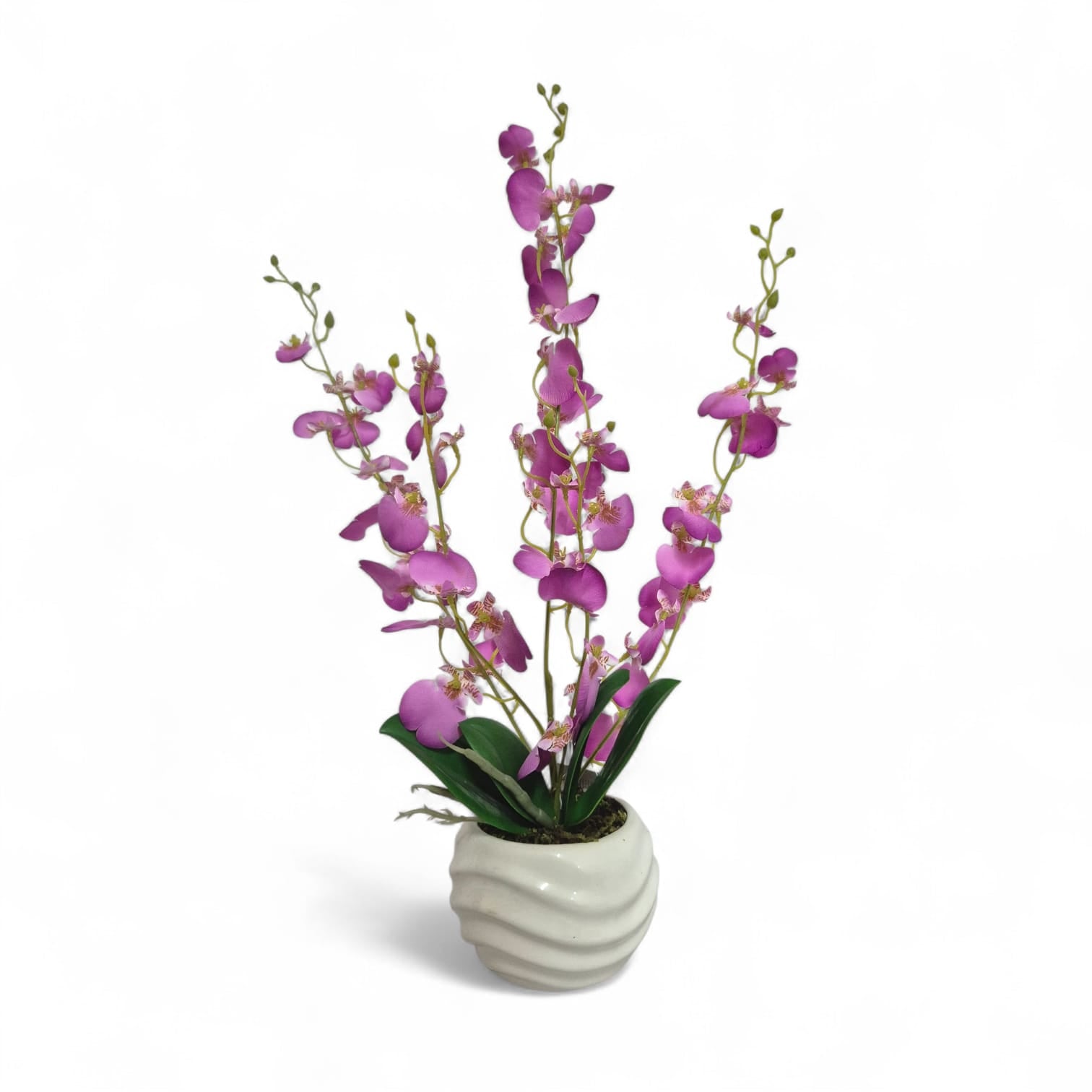 Arreglo Floral de Orquídeas Bailarina Artificiales Lila Maceta Blanco